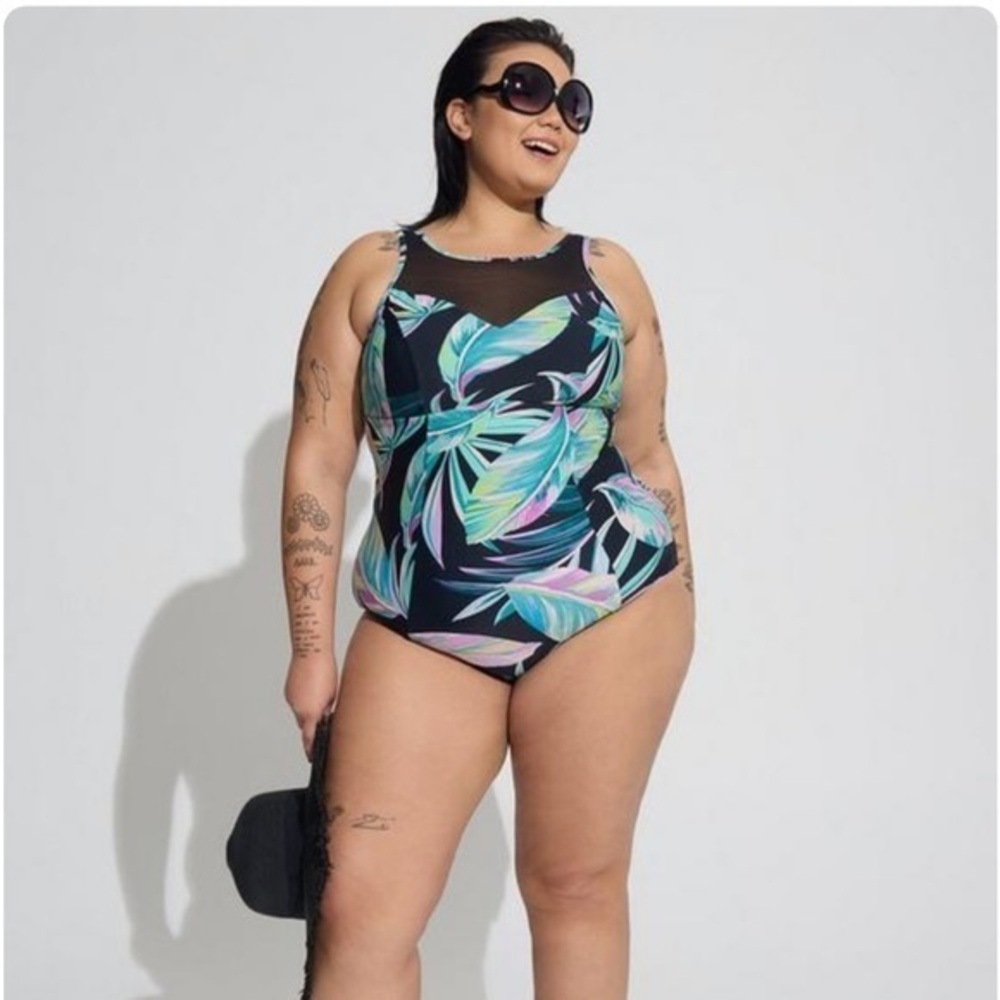torrid Wireless Mesh High Neck One Piece Swimsuit - Pretty Summer Leaves, Sz. 12